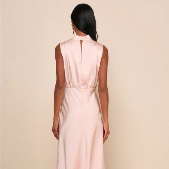 Lulus Classic Elegance Blush Satin Sleeveless Mock Neck Maxi Dress Small NEW - Picture 13 of 15